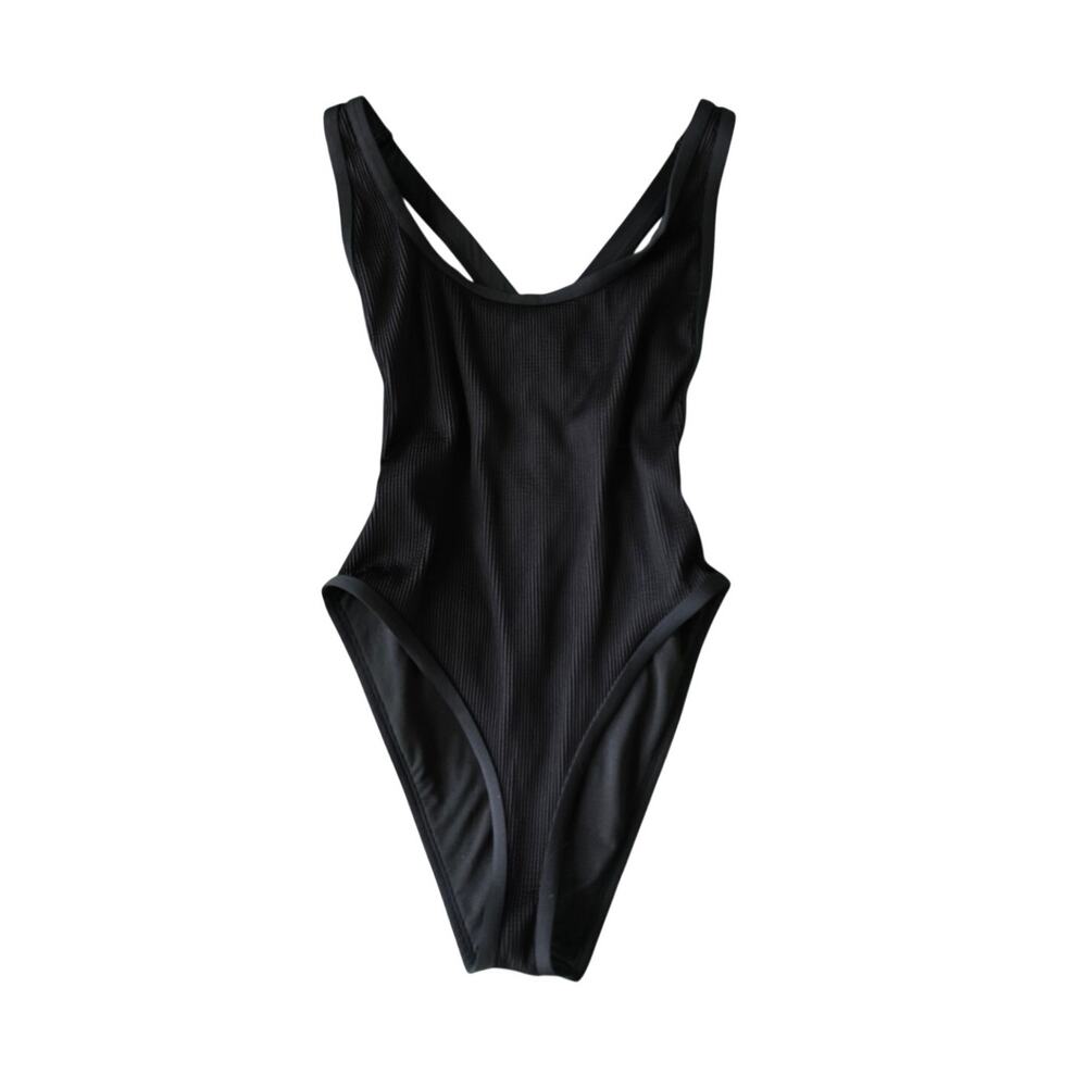 Bar III Textured High Cut Cheeky One Piece Swimsuit Black Size L